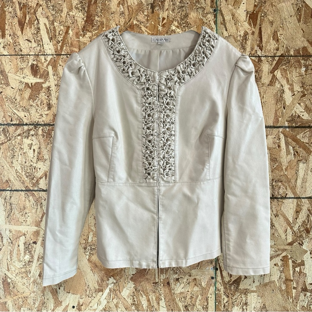 Y2K 2000s Cream Vegan leather Ruffle Embellished Jacket Size larger